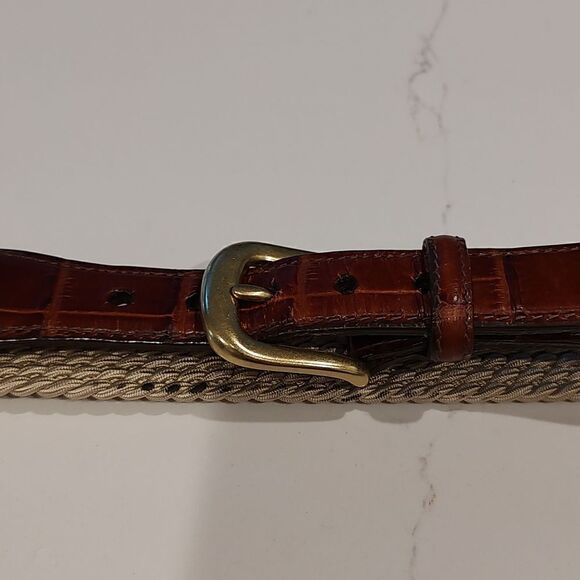 Brighton Tan Woven Web Belt with Croc Embossed Leather and Solid Brass Buckle - Picture 10 of 12